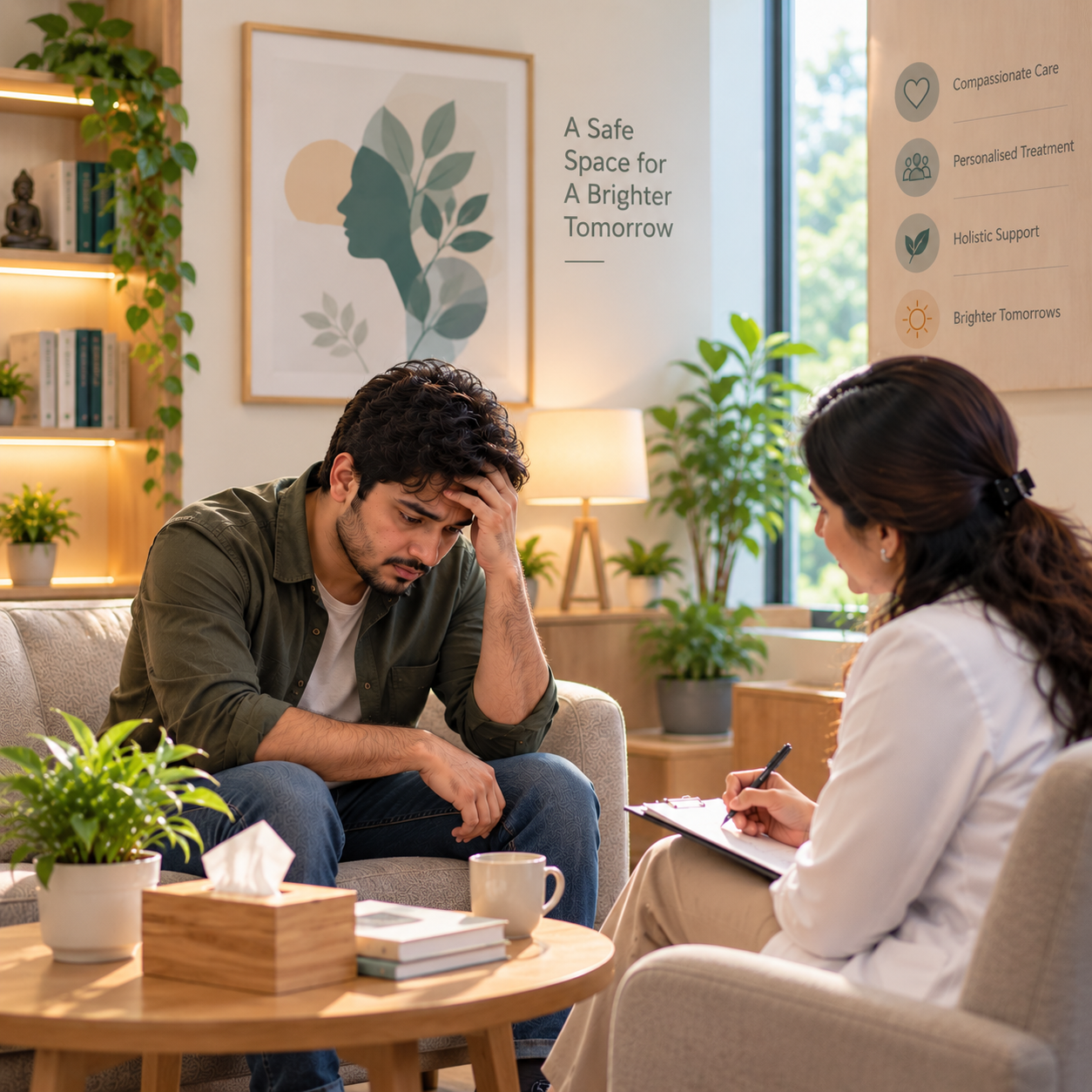 Supportive, confidential conversation as part of depression treatment at Solace Mind Clinic, Nerul